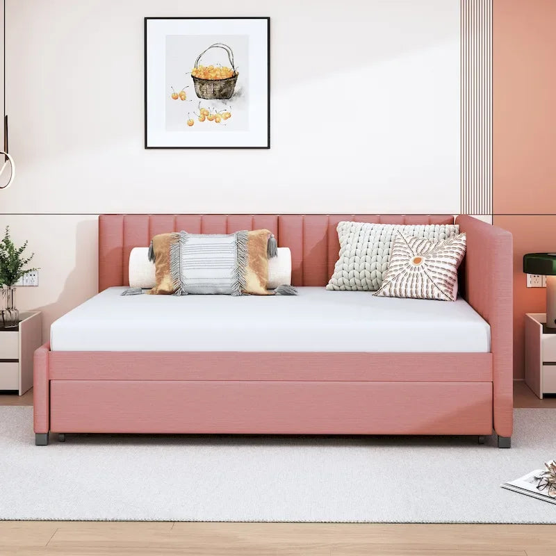 Divano Letto Imbottito in Lino Matrimoniale con Letto Estraibile, Rosa / Giallo / Grigio / Beige, 2 Posti Letto