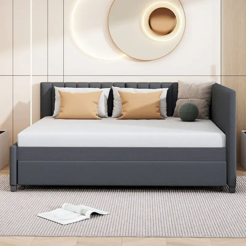 Divano Letto Imbottito in Lino Matrimoniale con Letto Estraibile, Rosa / Giallo / Grigio / Beige, 2 Posti Letto