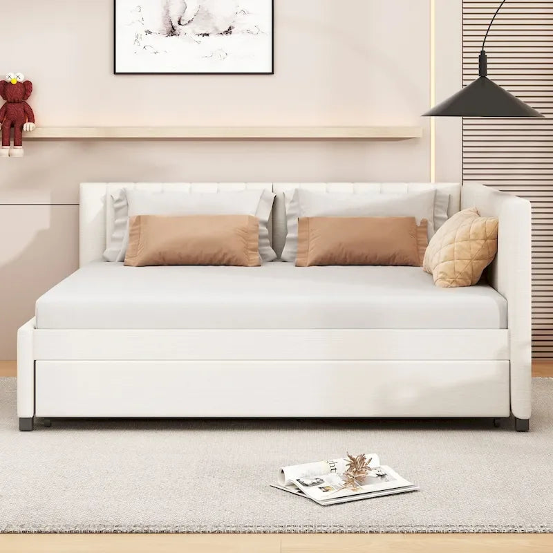 Divano Letto Imbottito in Lino Matrimoniale con Letto Estraibile, Rosa / Giallo / Grigio / Beige, 2 Posti Letto