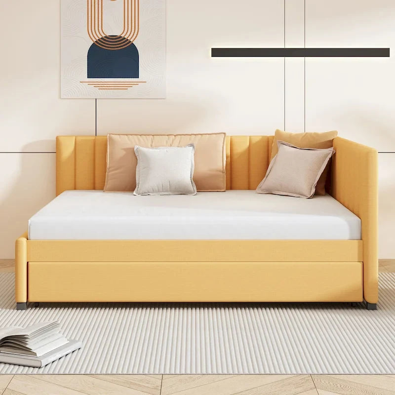 Divano Letto Imbottito in Lino Matrimoniale con Letto Estraibile, Rosa / Giallo / Grigio / Beige, 2 Posti Letto