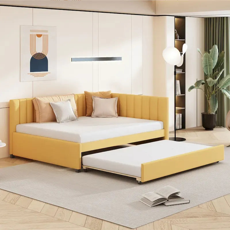 Divano Letto Imbottito in Lino Matrimoniale con Letto Estraibile, Rosa / Giallo / Grigio / Beige, 2 Posti Letto