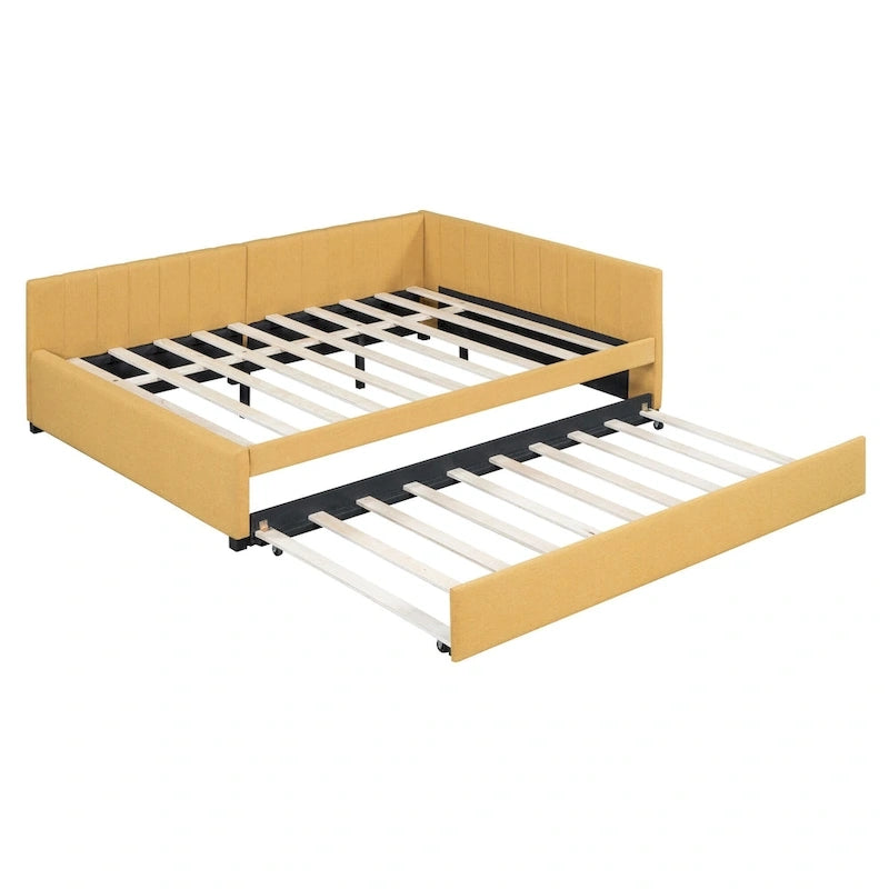 Divano Letto Imbottito in Lino Matrimoniale con Letto Estraibile, Rosa / Giallo / Grigio / Beige, 2 Posti Letto