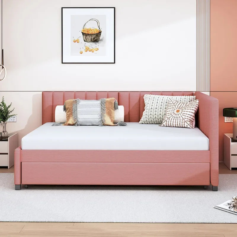 Divano Letto Imbottito in Lino Matrimoniale con Letto Estraibile, Rosa / Giallo / Grigio / Beige, 2 Posti Letto