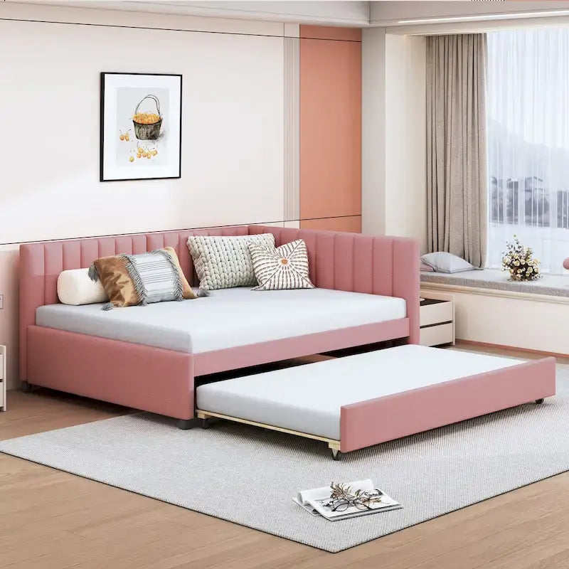Divano Letto Imbottito in Lino Matrimoniale con Letto Estraibile, Rosa / Giallo / Grigio / Beige, 2 Posti Letto