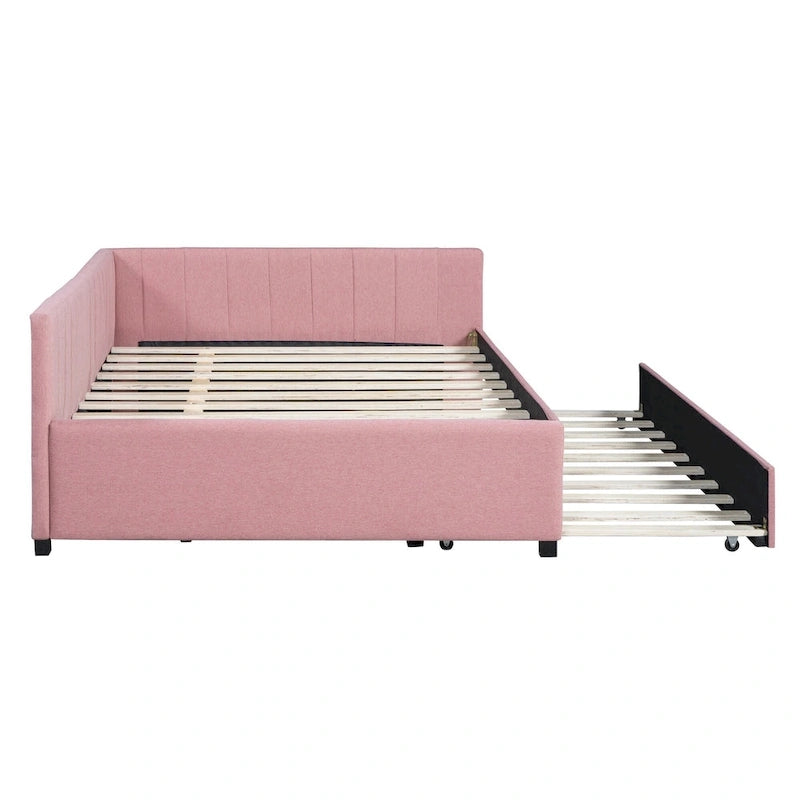 Divano Letto Imbottito in Lino Matrimoniale con Letto Estraibile, Rosa / Giallo / Grigio / Beige, 2 Posti Letto