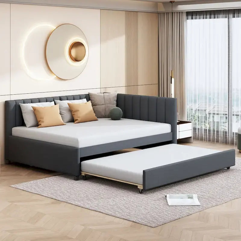 Divano Letto Imbottito in Lino Matrimoniale con Letto Estraibile, Rosa / Giallo / Grigio / Beige, 2 Posti Letto