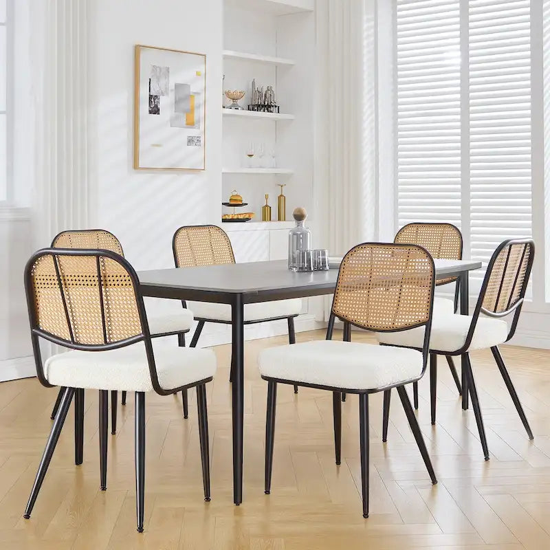 Sedia da pranzo in rattan imbottita moderna di metà secolo con struttura in ferro