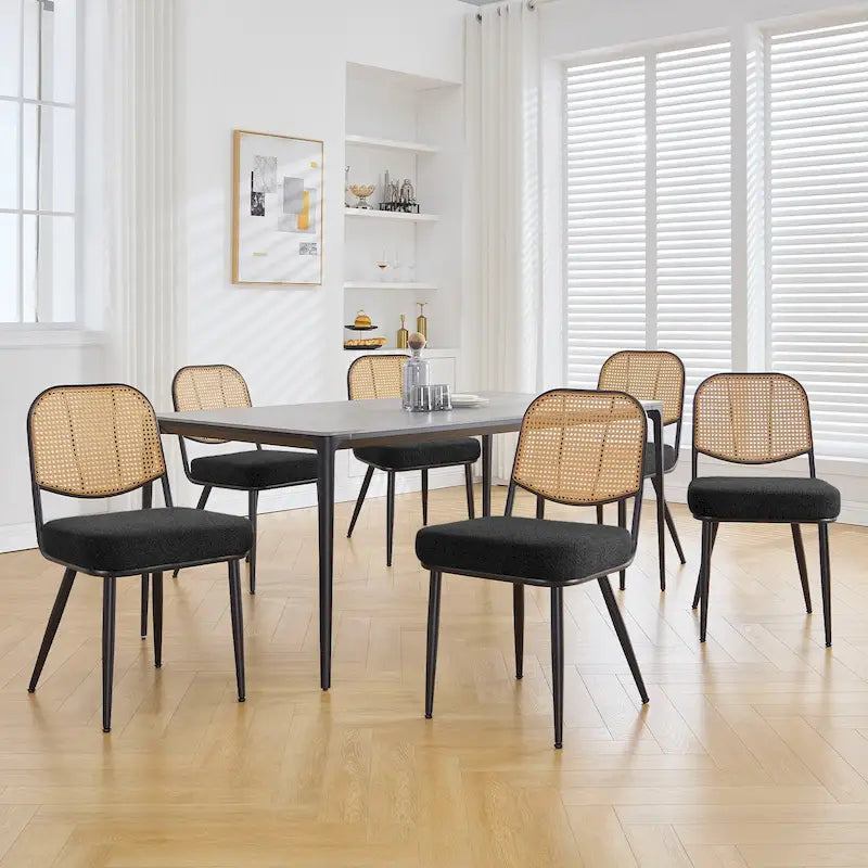 Sedia da pranzo in rattan imbottita moderna di metà secolo con struttura in ferro