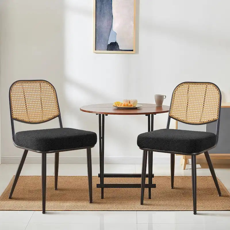 Sedia da pranzo in rattan imbottita moderna di metà secolo con struttura in ferro