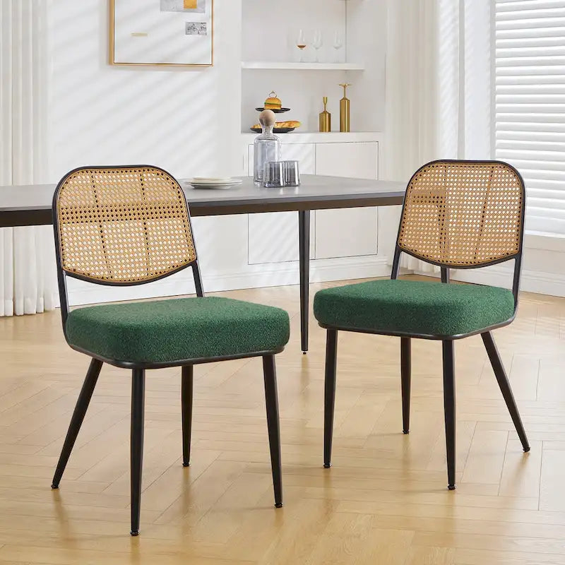 Sedia da pranzo in rattan imbottita moderna di metà secolo con struttura in ferro