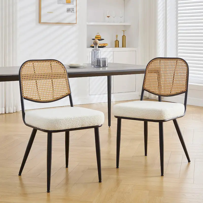 Sedia da pranzo in rattan imbottita moderna di metà secolo con struttura in ferro