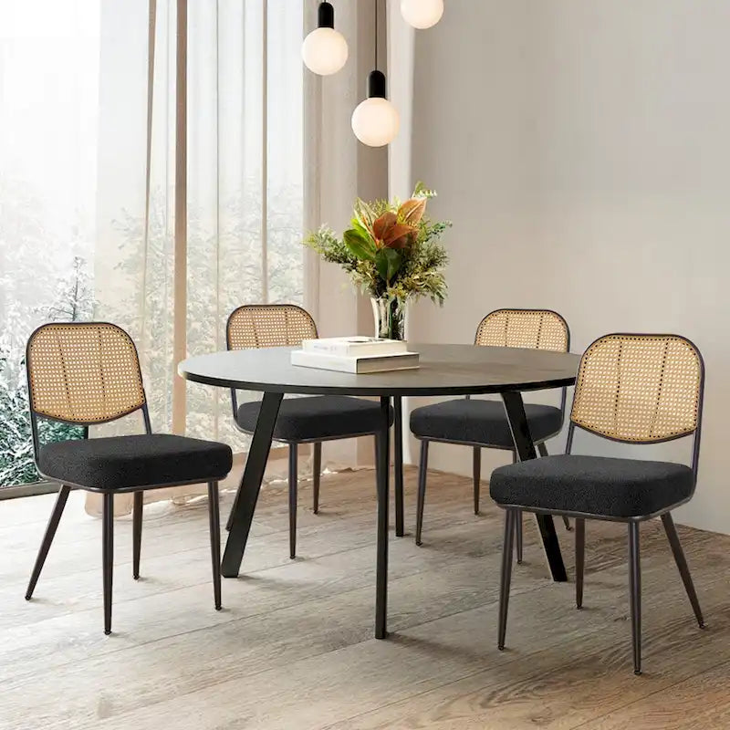 Sedia da pranzo in rattan imbottita moderna di metà secolo con struttura in ferro