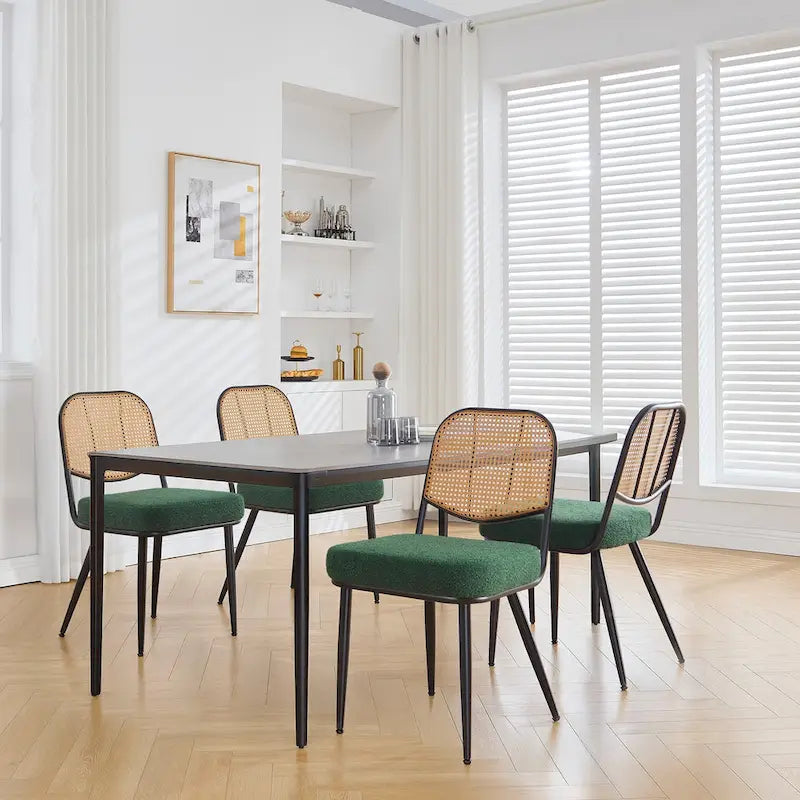 Sedia da pranzo in rattan imbottita moderna di metà secolo con struttura in ferro
