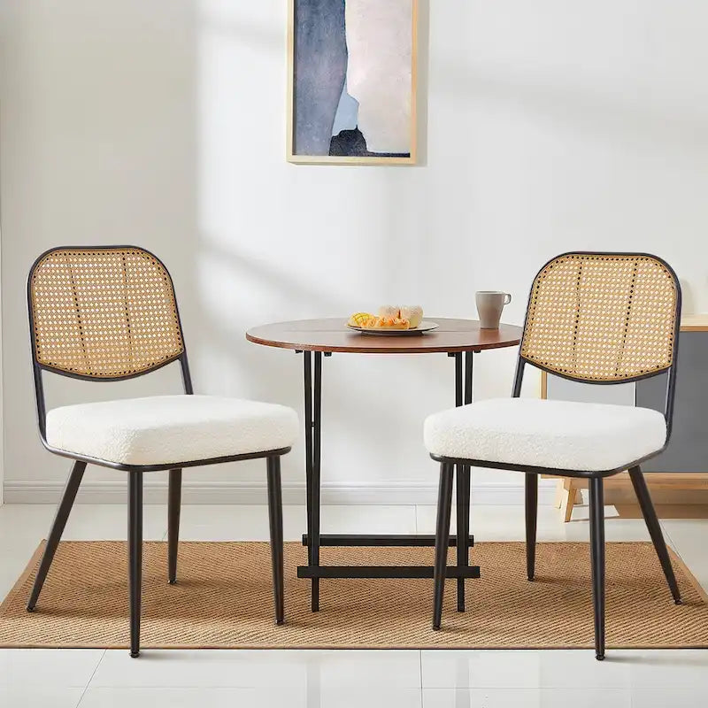 Sedia da pranzo in rattan imbottita moderna di metà secolo con struttura in ferro