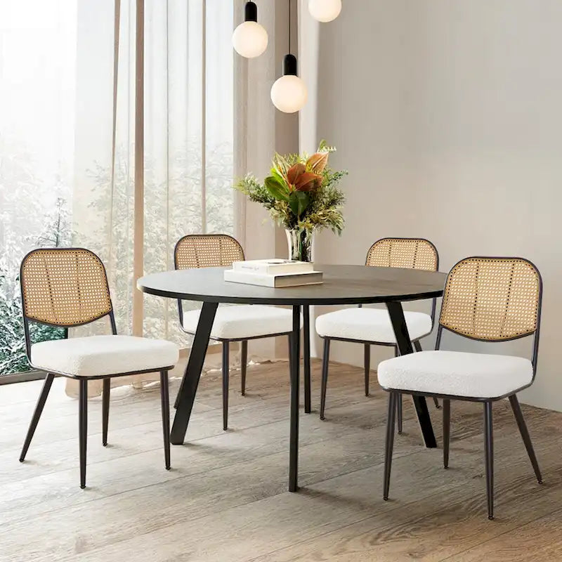 Sedia da pranzo in rattan imbottita moderna di metà secolo con struttura in ferro