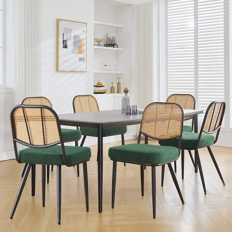 Sedia da pranzo in rattan imbottita moderna di metà secolo con struttura in ferro