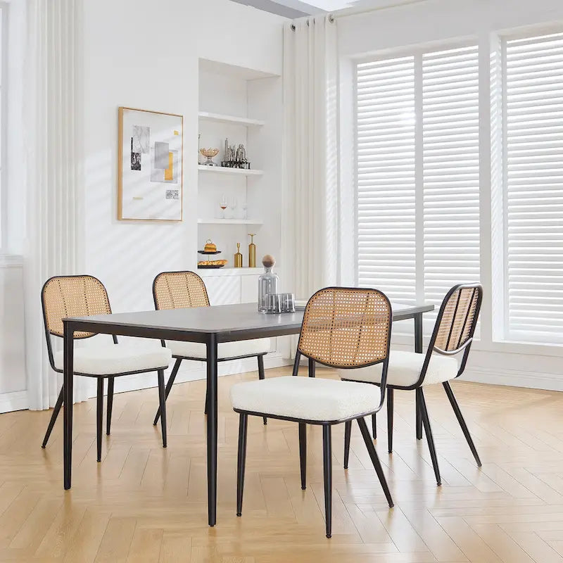 Sedia da pranzo in rattan imbottita moderna di metà secolo con struttura in ferro