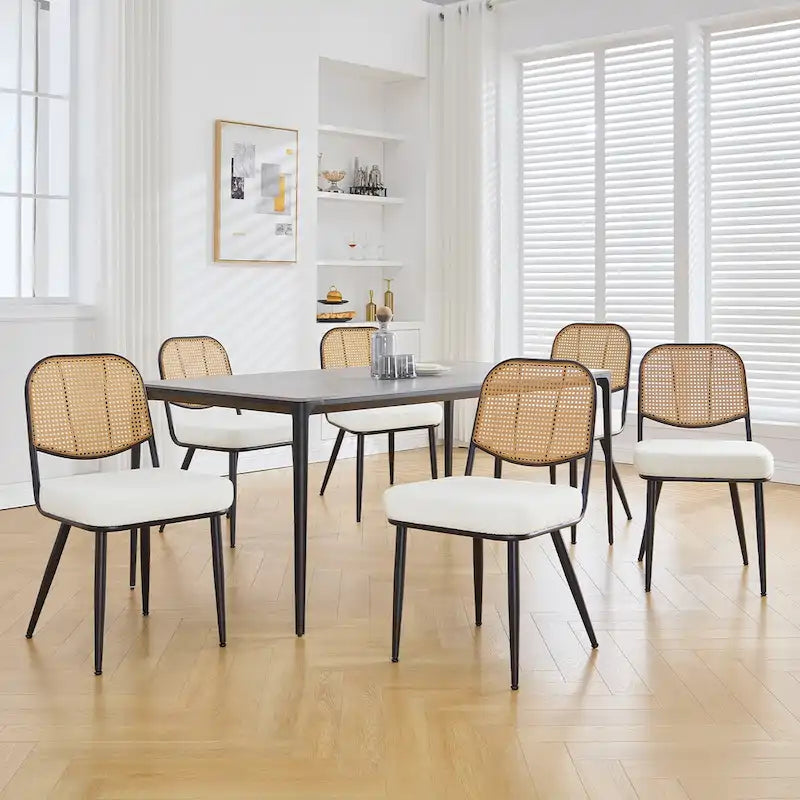 Sedia da pranzo in rattan imbottita moderna di metà secolo con struttura in ferro