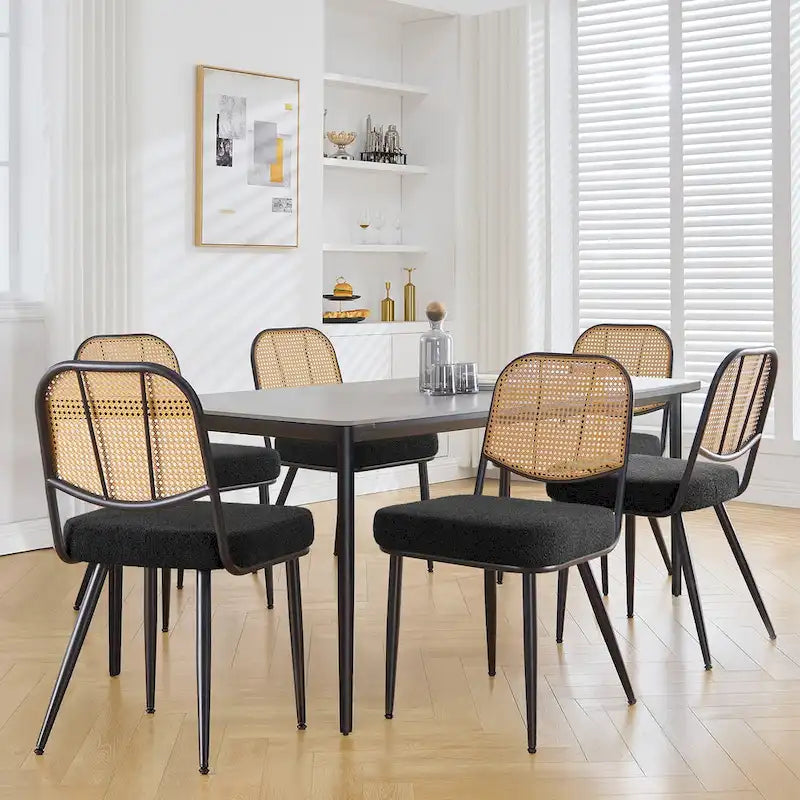 Sedia da pranzo in rattan imbottita moderna di metà secolo con struttura in ferro