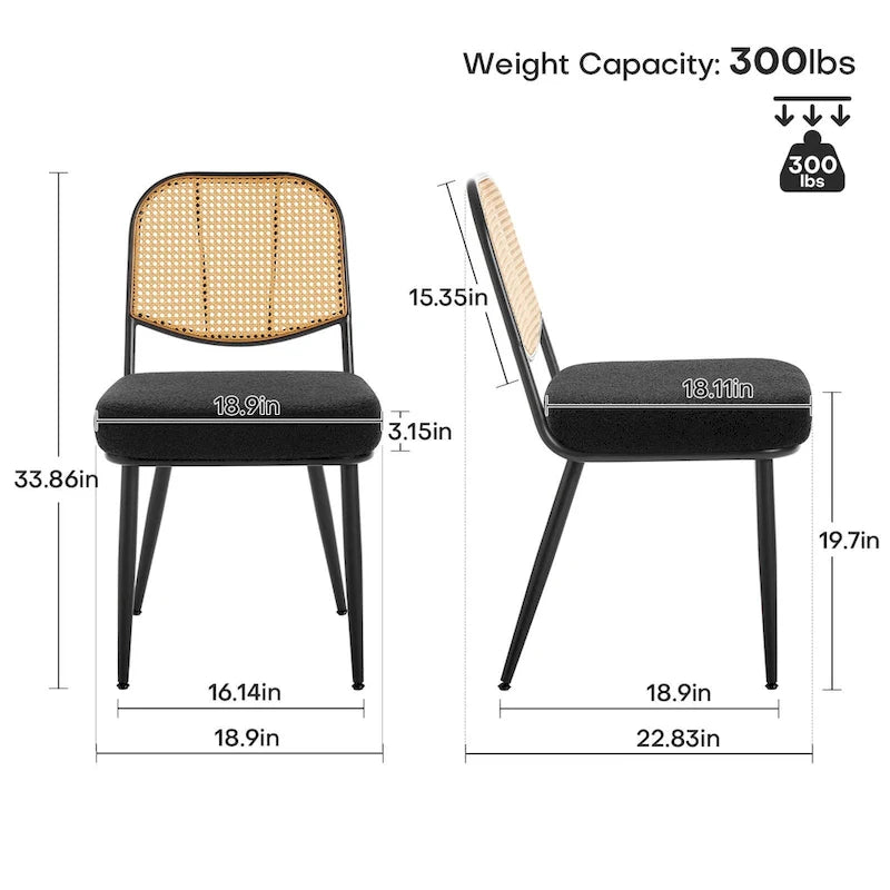 Sedia da pranzo in rattan imbottita moderna di metà secolo con struttura in ferro