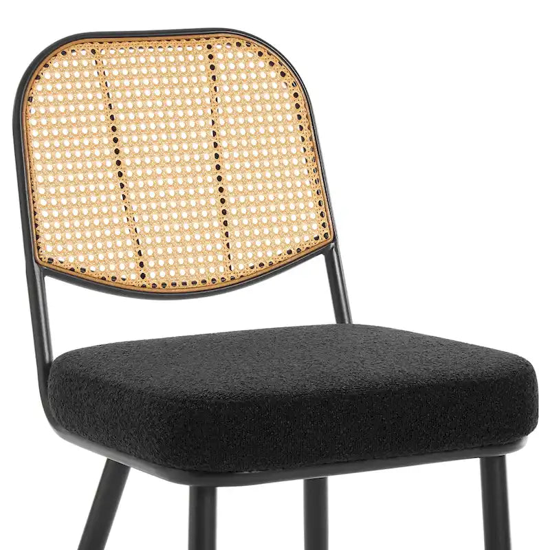 Sedia da pranzo in rattan imbottita moderna di metà secolo con struttura in ferro