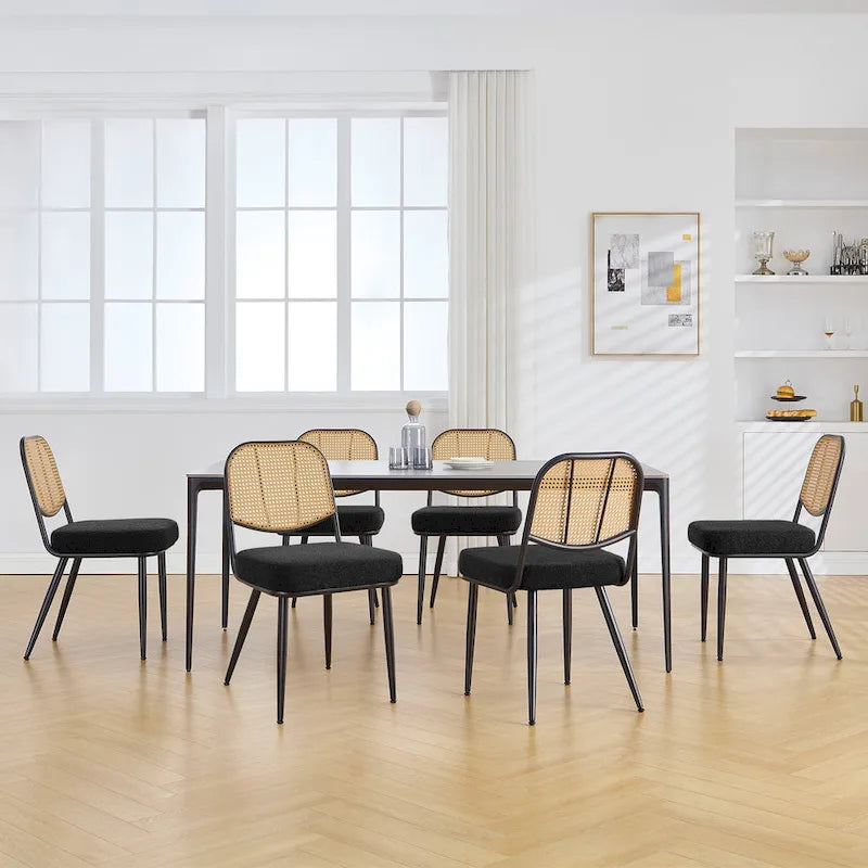 Sedia da pranzo in rattan imbottita moderna di metà secolo con struttura in ferro