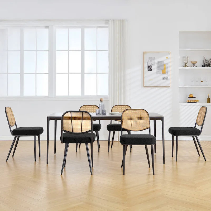 Sedia da pranzo in rattan imbottita moderna di metà secolo con struttura in ferro