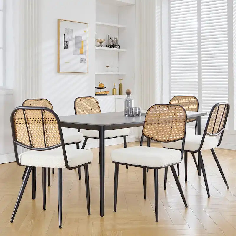 Sedia da pranzo in rattan imbottita moderna di metà secolo con struttura in ferro