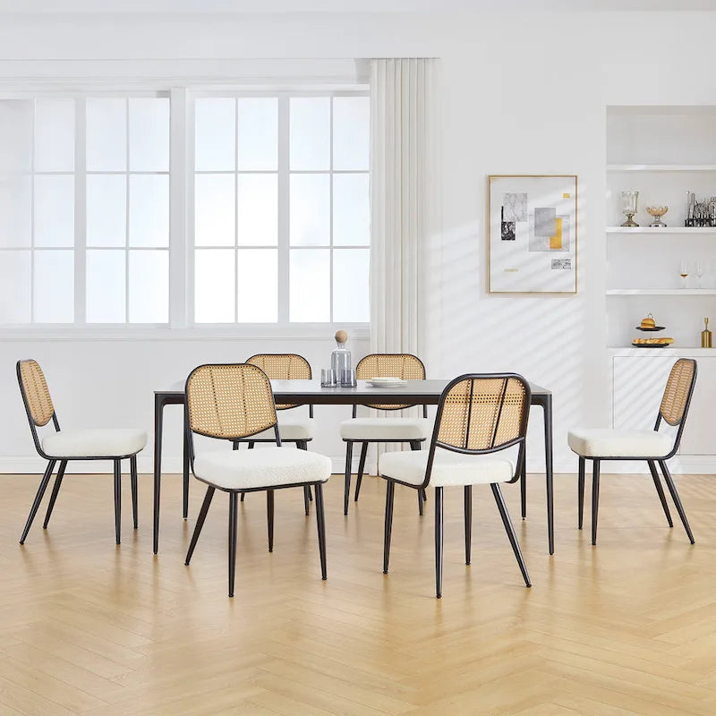 Sedia da pranzo in rattan imbottita moderna di metà secolo con struttura in ferro