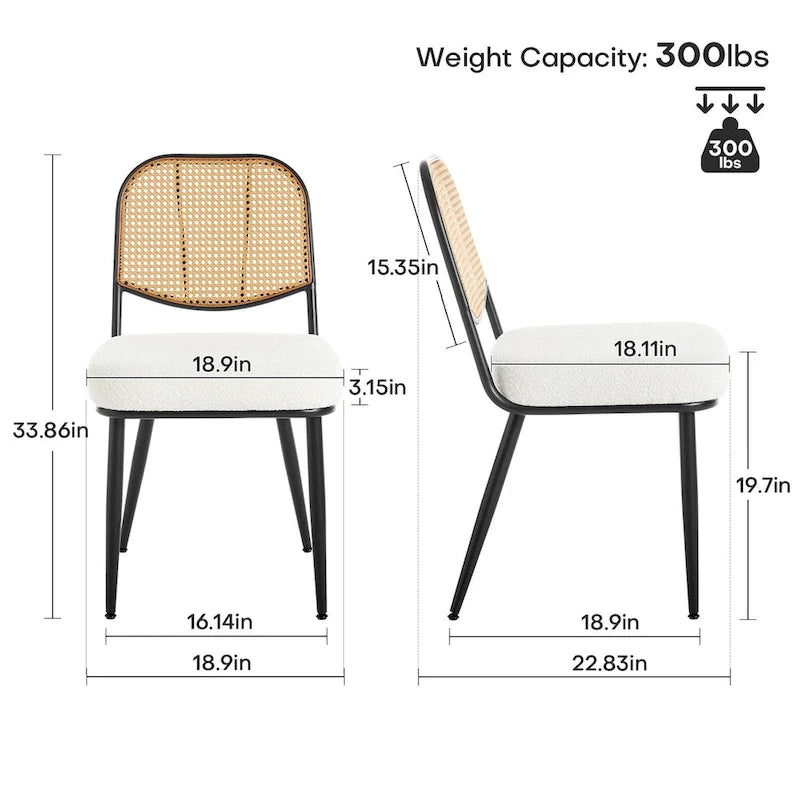 Sedia da pranzo in rattan imbottita moderna di metà secolo con struttura in ferro