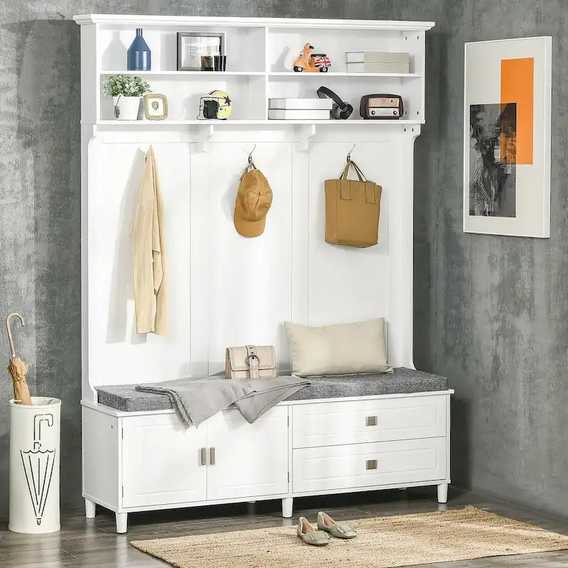 Appendiabiti moderno con panca contenitore e cassetti, appendiabiti autoportante