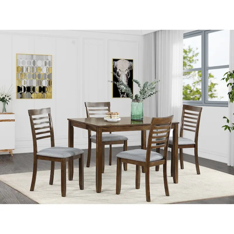 Set da pranzo 5 pezzi noce/grigio – Tavolo rettangolare e 4 sedie con schienale a pioli (4 posti)