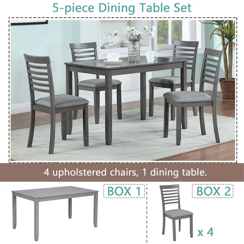Set da pranzo 5 pezzi noce/grigio – Tavolo rettangolare e 4 sedie con schienale a pioli (4 posti)
