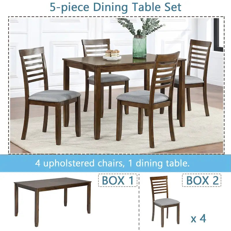 Set da pranzo 5 pezzi noce/grigio – Tavolo rettangolare e 4 sedie con schienale a pioli (4 posti)