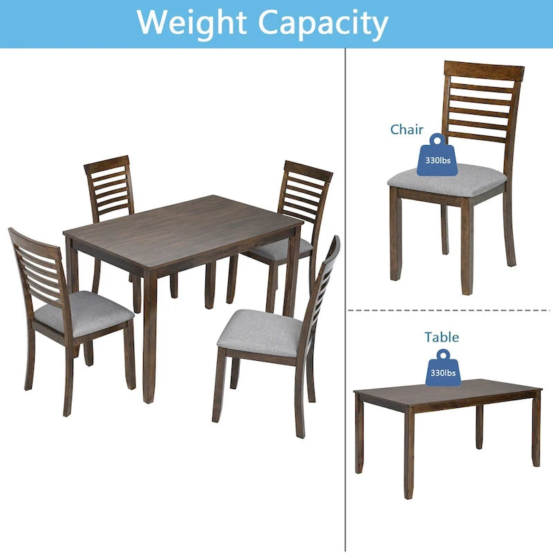 Set da pranzo 5 pezzi noce/grigio – Tavolo rettangolare e 4 sedie con schienale a pioli (4 posti)