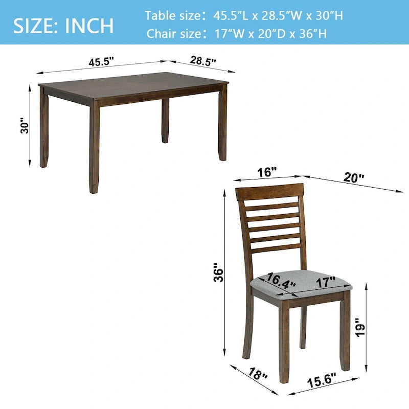 Set da pranzo 5 pezzi noce/grigio – Tavolo rettangolare e 4 sedie con schienale a pioli (4 posti)