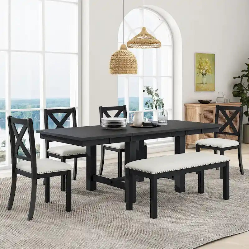 Set Tavolo da Pranzo Allungabile Rustico Naturale/Nero, 6 Posti (Tavolo + 4 Sedie + Panca)