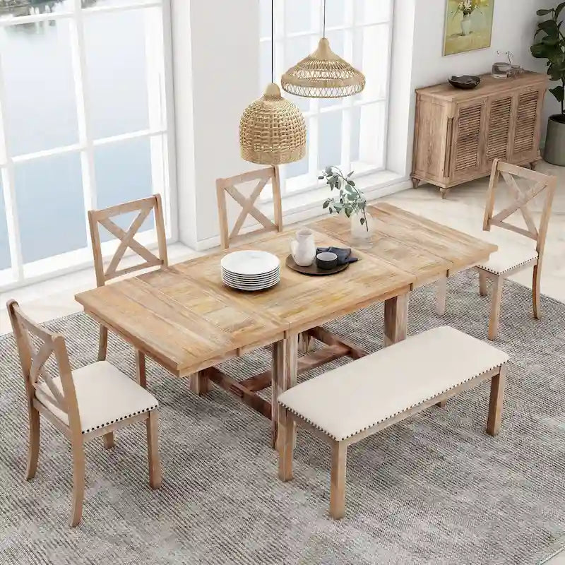 Set Tavolo da Pranzo Allungabile Rustico Naturale/Nero, 6 Posti (Tavolo + 4 Sedie + Panca)