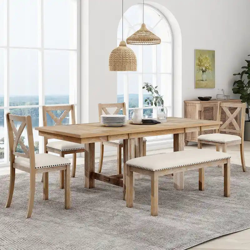 Set Tavolo da Pranzo Allungabile Rustico Naturale/Nero, 6 Posti (Tavolo + 4 Sedie + Panca)