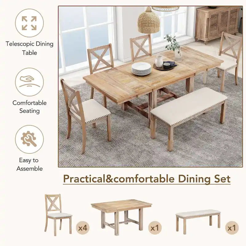 Set Tavolo da Pranzo Allungabile Rustico Naturale/Nero, 6 Posti (Tavolo + 4 Sedie + Panca)