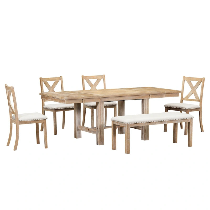 Set Tavolo da Pranzo Allungabile Rustico Naturale/Nero, 6 Posti (Tavolo + 4 Sedie + Panca)