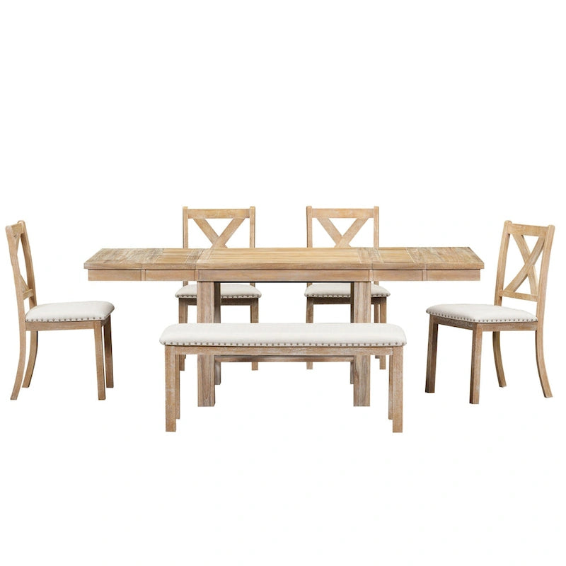 Set Tavolo da Pranzo Allungabile Rustico Naturale/Nero, 6 Posti (Tavolo + 4 Sedie + Panca)