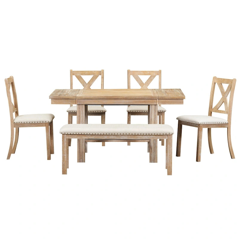 Set Tavolo da Pranzo Allungabile Rustico Naturale/Nero, 6 Posti (Tavolo + 4 Sedie + Panca)