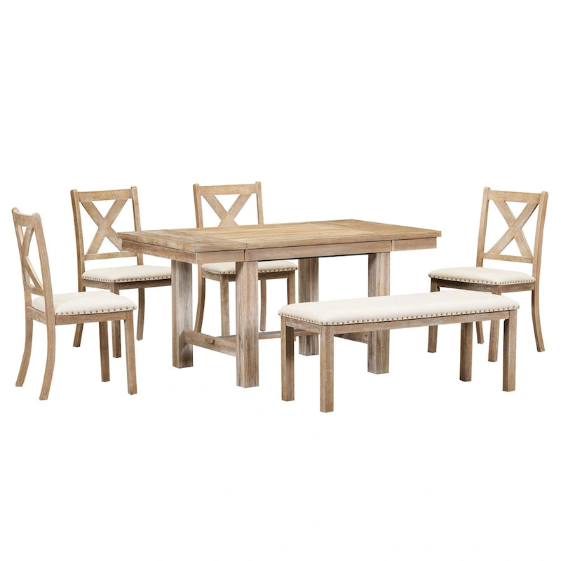 Set Tavolo da Pranzo Allungabile Rustico Naturale/Nero, 6 Posti (Tavolo + 4 Sedie + Panca)