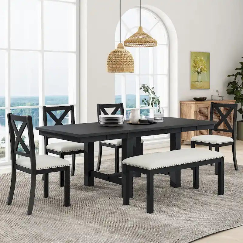 Set Tavolo da Pranzo Allungabile Rustico Naturale/Nero, 6 Posti (Tavolo + 4 Sedie + Panca)