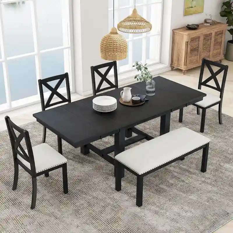 Set Tavolo da Pranzo Allungabile Rustico Naturale/Nero, 6 Posti (Tavolo + 4 Sedie + Panca)