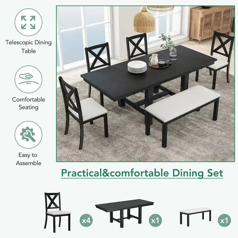 Set Tavolo da Pranzo Allungabile Rustico Naturale/Nero, 6 Posti (Tavolo + 4 Sedie + Panca)