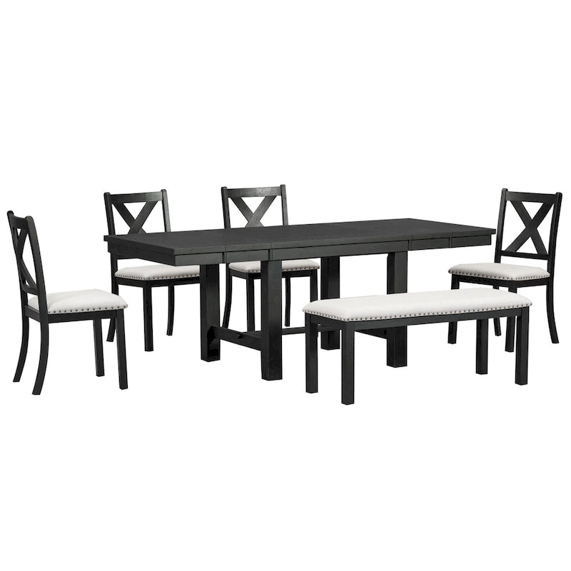 Set Tavolo da Pranzo Allungabile Rustico Naturale/Nero, 6 Posti (Tavolo + 4 Sedie + Panca)