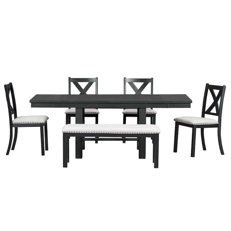 Set Tavolo da Pranzo Allungabile Rustico Naturale/Nero, 6 Posti (Tavolo + 4 Sedie + Panca)