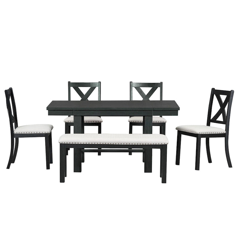 Set Tavolo da Pranzo Allungabile Rustico Naturale/Nero, 6 Posti (Tavolo + 4 Sedie + Panca)